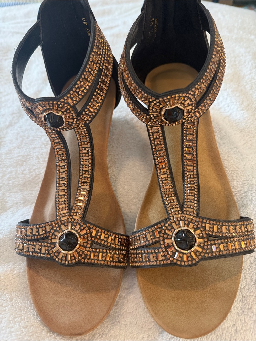 Embellished Bronze T-Strap Women’s Sandals
